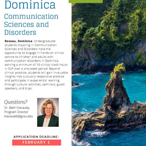 Picture of the ocean in Dominica along with advertisement of study abroad opportunity